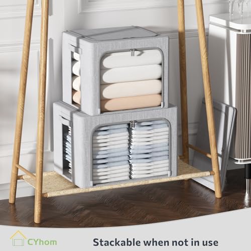 Clothes Storage Bins with Metal Frame, Clear Window, 66L, Light Grey,2-Pack