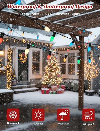 SUNSGNE C7 LED Christmas Lights Outdoor, 25FT Vintage Colored Christmas Lights with 25 C7 LED Shatterproof Plastic Multicolor Bulbs for Patio Backyard Porch Balcony Gazebo Party Decor, Green Wire
