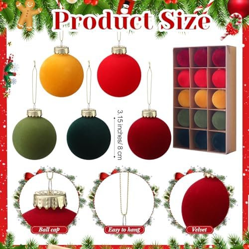 Gemscream 30 Pcs Velvet Christmas Balls, 3.15" Flocked Blue Ornaments, Red
