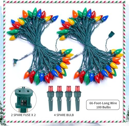 Brightown C9 LED Christmas String Lights, 2 Pack 66ft Multi-Color Outdoor Lights String with 100 Smooth Opaque Bulbs, Plug-in Vintage Roofline Lights String for Outside Patio Christmas Holiday Decor