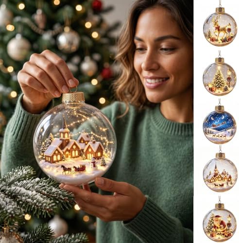 5PCS Glowing Christmas Ornaments - Mini Gold Light-Up Christmas Ball Ornaments - Christmas Tree Ornament with Warm LED Light for Tree Mantel, Holiday Scene Decoration & Gift