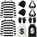 QZYL 12 PCS Robber Costume, Unisex Thief Cosplay Set T-Shirt Beanie Cap Gloves Eye Masks Money Bags for Halloween Costume