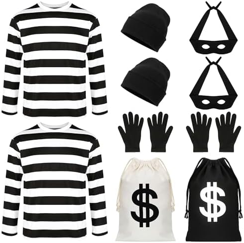 QZYL 12 PCS Robber Costume, Unisex Thief Cosplay Set T-Shirt Beanie Cap Gloves Eye Masks Money Bags for Halloween Costume