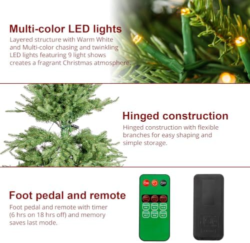 Glitzhome Prelit Christmas Tree, 7.5ft Artificial Christmas Tree with 1,400 Warm White & Multi-Color Chasing and Twinkling Lights, 9 Light Modes, Easy Setup, Radiant Slim Evergreen for Holiday Décor