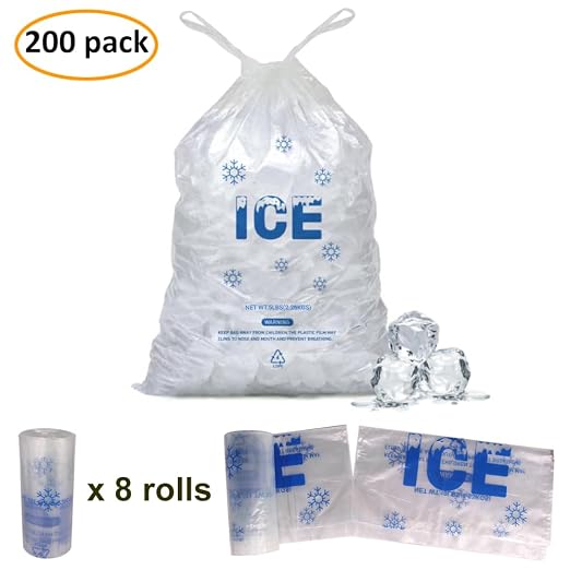 200 PACK 5 lb. Plastic Drawstring Ice Bags 9 x 17 Inch Heavy-Duty | Ice Bags with Plastic Draw String (2mil Thickness)