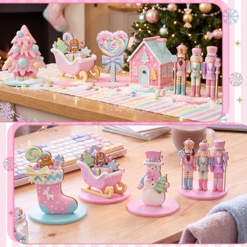 Leinuosen 12 Pcs Christmas Table Decoration Pastel Christmas Tiered Tray Decor Pink Wooden Gingerbread Candy Centerpieces Nutcracker Truck Snowman Signs for Xmas Gift Home Kitchen Coffee Bar Shelf