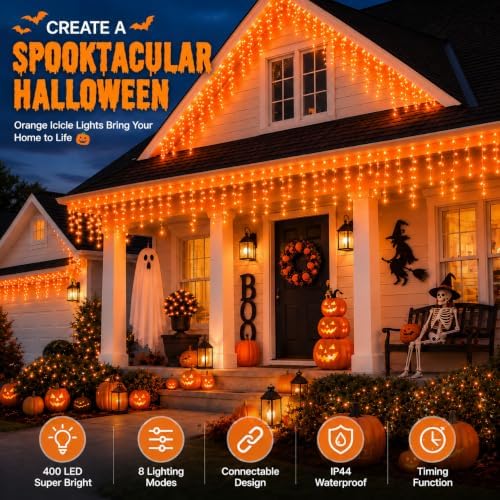 JMEXSUSS Orange Halloween Icicle Lights Outdoor, 38.8 FT 400 LED