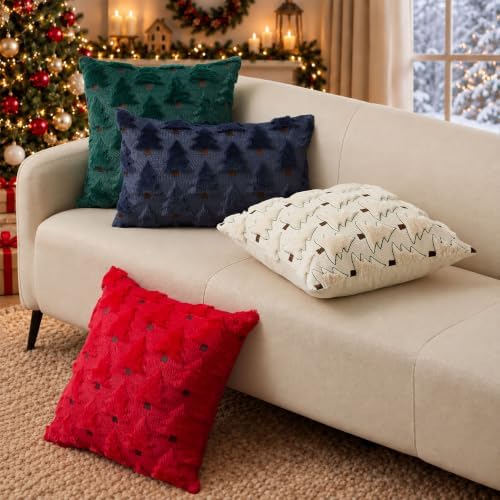 Allorry Christmas Pillow Covers 12x20 inch Set of 2 Navy Blue Christmas Decorations Soft Plush Faux Fur Wool Christmas Tree Throw Pillow Cases Winter Holiday Decor for Sofa Living Room PT002H12