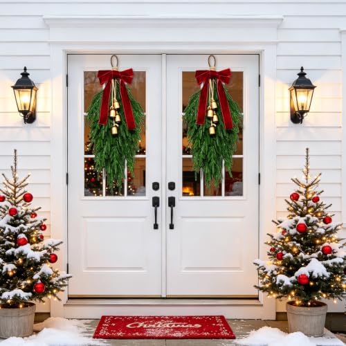 Christmas Teardrop Swag, Christmas Pine Needles Front Door Wreath,Bow Bells