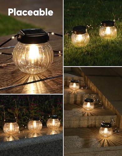 PARTPHONER Solar Lights Outdoor Waterproof 12-Pack, Solar Powered Hanging Lantern Ribbed Glass Hanging Globes for Yard Decor Christmas Decoration, Shepherd Hook, Garden Tree Ornaments, Clear