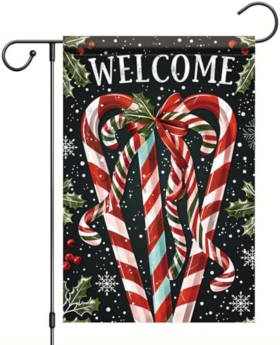 Christmas Garden Flag Candy Cane Flag Welcome Holiday Yard Banner 12x18 Inch Double Sided Winter Xmas Outdoor Lawn Decoration Seasonal House Porch Patio Decor for Farmhouse Outside