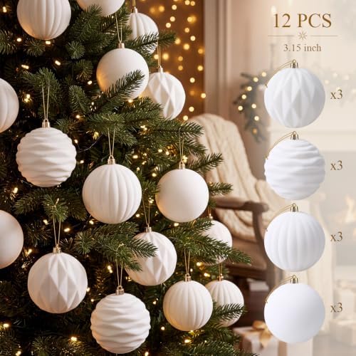 Liliful 3.15 Inch 12 Pcs Velvet Christmas Ornaments Balls, White