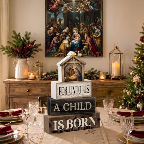 Moucuny 4 Pcs Christmas Table Decoration Christian Wooden Stacked Blocks