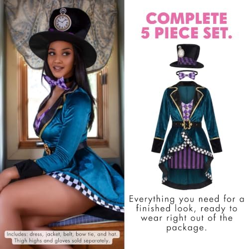 Leg Avenue Mad Hatter Costume with Dress, Jacket, Belt, Bow, Hat