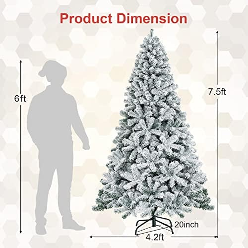 COSTWAY 7.5 FT Flocked Christmas Tree, Unlit Hinged Xmas Tree with 1010 Snowy Branch Tips & Metal Stand, Artificial Christmas Tree for Home Office Party Decoration, Green & White
