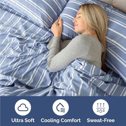 King Size 4 Piece Sheet Set - Breathable & Cooling Sheets - Blue Stripes
