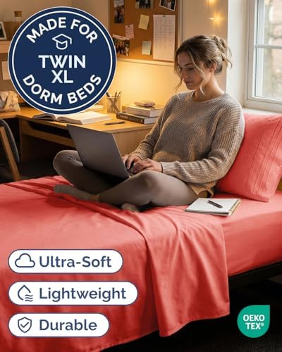 Twin XL Size 3 Piece Sheet Set - Comfy Breathable & Cooling Sheets - Coral