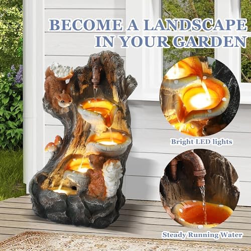 Grepatio Outdoor 4-Tiers Cascading Water Fountain, Garden Waterfalls Fountain with LED Lights, Indoor/Outdoor Floor Standing Water Fountains with Pump for Patio, Yard, Deck Decor with 2 Squirrel Look