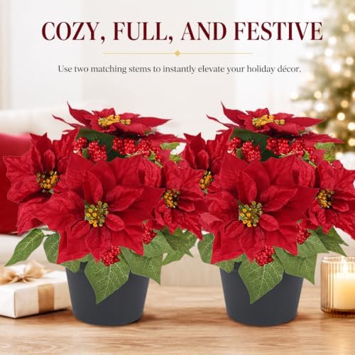 2 PC Poinsettias Artificial Christmas Flowers in Pot Red Faux Plant