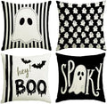 Halloween Decor Pillow Covers 18x18 Inch,Set of 4 Halloween Decorations Outdoor Indoor Throw Pillow Covers, Hey Boo Cute Spooky Ghost Black Striped Linen Cushion Case for Home Sofa Couch Bed Chair