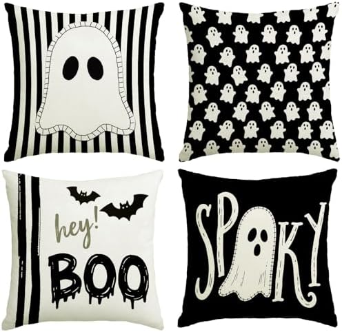 Halloween Decor Pillow Covers 18x18 Inch,Set of 4 Halloween Decorations Outdoor Indoor Throw Pillow Covers, Hey Boo Cute Spooky Ghost Black Striped Linen Cushion Case for Home Sofa Couch Bed Chair