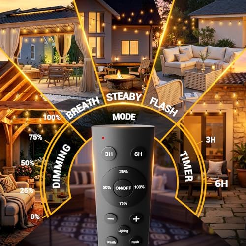 30FT Outdoor String Lights with Remote, Waterproof Patio Lights with 10+1 Shatterproof LED Bulbs,Dimmable Hanging Decor for Backyard Garden Porch Bistro, Timer & 3 Modes,2200K Warm White