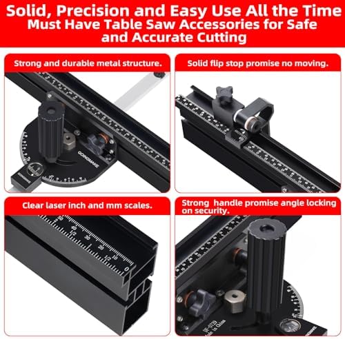GOINGMAKE Portable Table Saw Miter Gauge with 18 Inch Fence and Multifunction Flip Stop and Positive Angle Stops, Miter Gauge for Table Saw Accessories, for Woodworking Cuts, Fits 3/4"x3/8" Slot