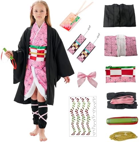 Girls Kimono Costume Girls Cosplay Costumes Cloak Outfits Set Halloween Pink Uniform with Accessories