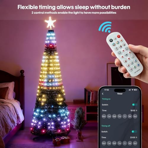 Smart Christmas Tree Lights 7FT 400LED, DIY Color Changing Waterfall Xmas Tree Lights with Ring & Top-Star, Remote & APP Control, RGB-IC Dynamic String Light, Music Sync for Indoor Decor