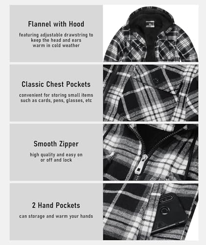 GEEK LIGHTING Men's Flannel Shirts Jacket Sherpa Lined Plaid Zipper Hoodie