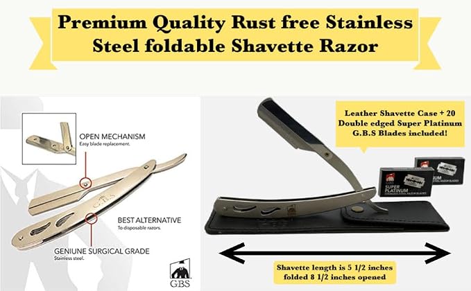 G.B.S Shavette Straight Razor Shaving Kit - Vintage Wet Shave Grooming Set for Men Includes: Shavette Edge Razor, Shaving Brush, Toiletry Bag, Shave Soap, Bowl, Double Edge Razor Blade Refills
