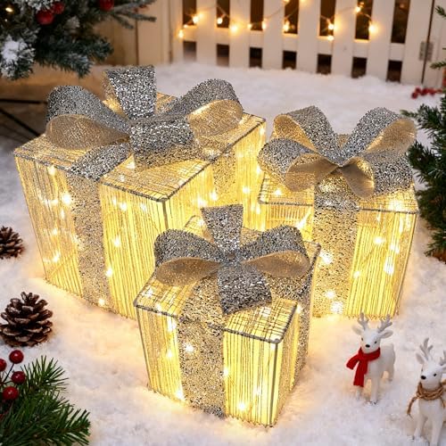 Set of 3 Christmas Lighted Gift Boxes - Silver 140 LEDs Outdoor Decoration