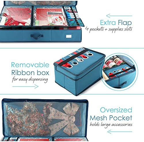 Hearth & Harbor Wrapping Paper Storage Container - Christmas Storage Bag with Ribbon Dispenser and Interior Pockets - Gift Wrap Organizer Fits Up to 26 Rolls of 40" Length, Blue, Large (Pack of 4)