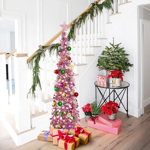 N&T NIETING Pop Up Christmas Tree with Lights & Ornaments, 5FT, Rose Gold