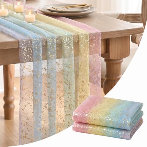 Artoid Mode 2-Pack Gold Gauze Table Runner 120 Inch 10FT, Rainbow Glitter Metallic Foil Sheer Dining Wedding Anniversary Holiday Birthday Table Decor for Home Party