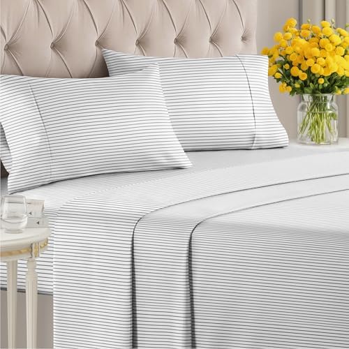 Full 4 Piece Striped Sheet Set - Soft, Breathable & Cooling - Fine Lines