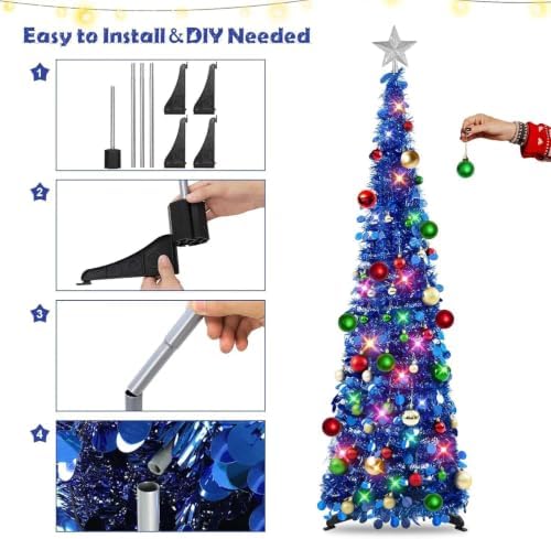 N&T NIETING Pop Up Christmas Tree with Lights & Ornaments, 5FT, Royal Blue