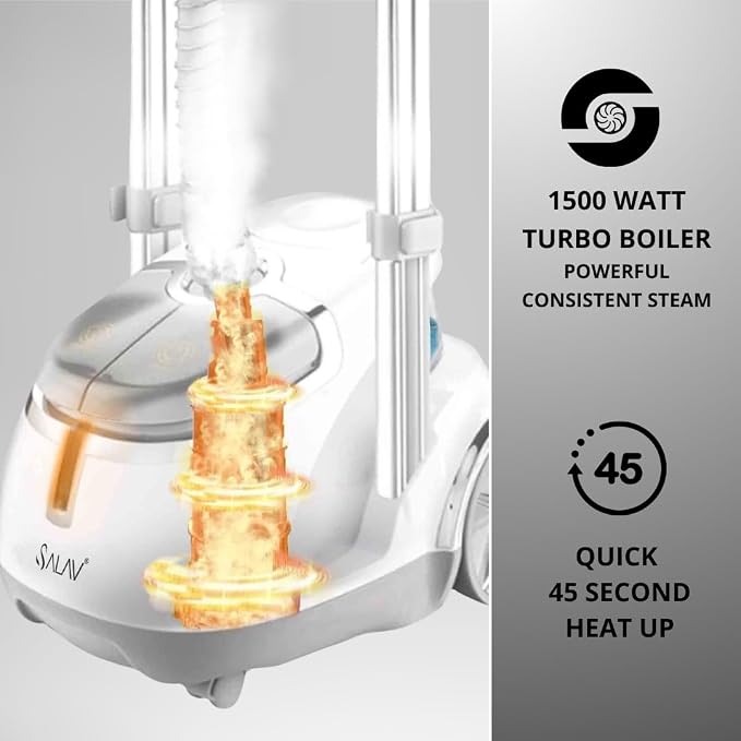 SALAV GS45-DJ Professional Upright Garment Steamer with Roll Wheels, Multi-Function Extra Wide Hanger, Fabric Brush & Mini Ironing Paddle, 1500 watts, Silver