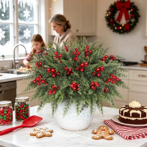 6 Bundles Artificial Christmas Flowers, Norfolk Pine & Red Berry Stems
