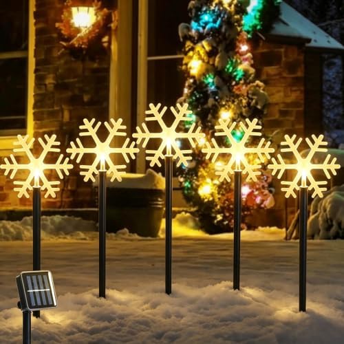 5 Pack Christmas Solar Pathway Lights, Snowflake Outdoor Decorations