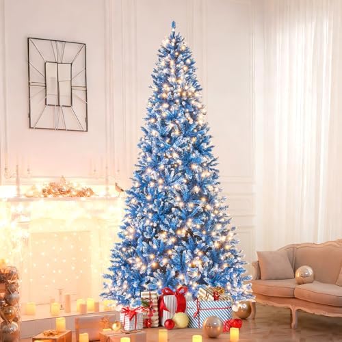 HAPPYGRILL 9 FT Pre-lit Christmas Tree Blue Hinged Artificial Xmas Tree with 520 Warm White LED Lights, 8 Modes, 1938 Frosted Branch Tips, Folding Metal Base, for Home Party Holiday