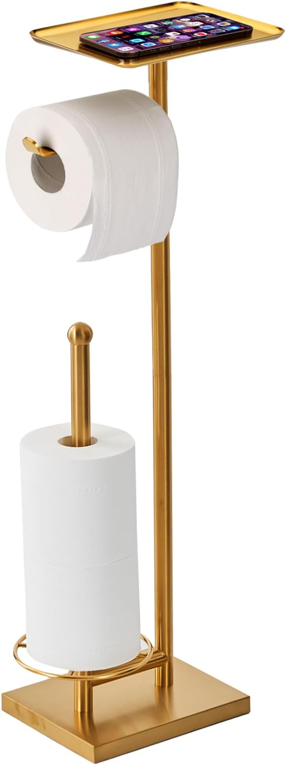 Toilet Paper Holder with Tray At the Top, Heavy-Weighted Base No Wobbly, Freestanding Toilet Paper Rolls Stand, Hold Extra 3 Paper Rolls On the Base (Gold)