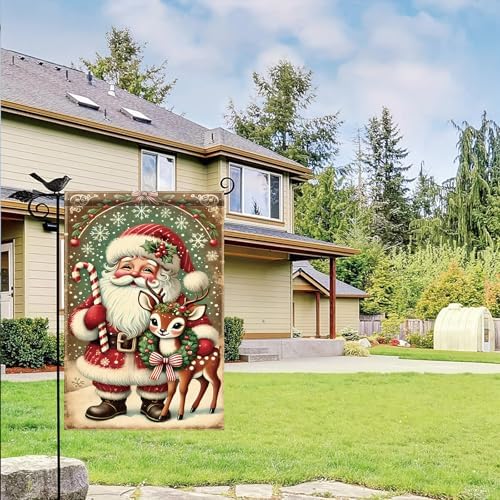 Christmas Garden Flag Santa Claus with Reindeer Flag Holiday Outdoor Yard Decoration 12x18 Inch Double Sided Winter Banner Candy Cane Snowflake Wreath Seasonal Lawn Porch Patio Decor