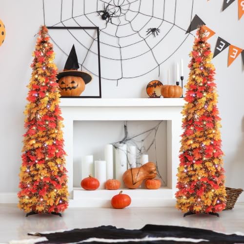 N&T NIETING Fall Tree Home Decor, 5FT Pop Up Tree with Lights & Timer & 8 Modes, Collapsible Tinsel Pencil Tree for Autumn Harvest Porch Thanksgiving Party Decorations, Fall Maple Leaves
