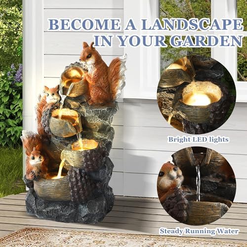 Grepatio Outdoor 4-Tiers Cascading Water Fountain, Waterfall Fountain with 4 LED Lights, Outdoor Fountains and Waterfalls for Garden or Patio, Yard, Deck, Decor with 3 Squirrel Look