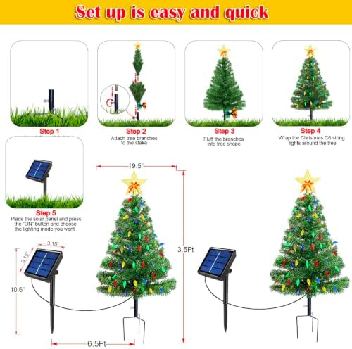 Upgraded Set of 2 Solar Christmas Tree, Outdoor Christmas Decorations,Prelit Xmas Tree w/ 100 LED Multi-color C6 String Lights for Outsdie Holiday Display Yard Front Porch Pathway Grave Cemetery Decor