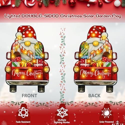 12x18 Lighted Christmas Dwarf Garden Flag, 8 Modes Solar LED