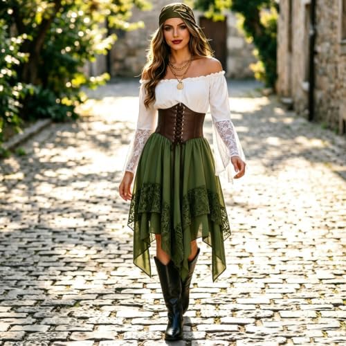 Women Pirate Costume Renaissance Medieval Outfit Halloween Top Skirt Set