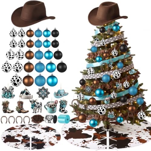 Seenelling Western Cowboy Christmas Tree Ornaments Set – 81 Pcs Rustic Cow Print Decorations with Cowboy Hat Topper Cow Print Balls Ornaments Horseshoes Tree Skirt Ribbons for Xmas Holiday Decor