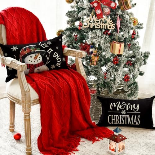 AVOIN colorlife Merry Christmas Let It Snow Love Snowman Black Throw Pillow Covers, 12 x 20 Inch Xmas Tree Holiday Cushion Case Decoration for Sofa Couch Set of 4